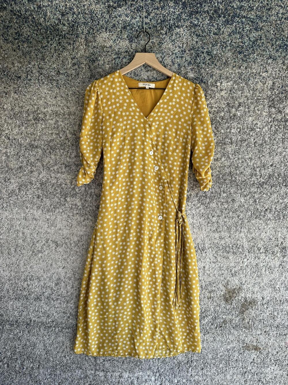 Simple Retro Dress Womens Large Yellow Floral Wrap Belted Midi 3/4 Puff Sleeve